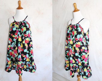 Vintage 90s Sundress, 1990s Floral Mini Dress, Flower Print, Spaghetti Strap, Prairie, Ruffle, Ralph Lauren