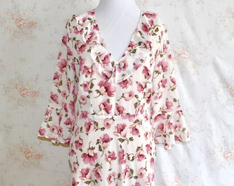 Vintage Romantic Cottagecore Dress, White Floral Sundress, Ruffles, Flower Print, 1990s