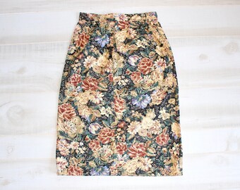 Vintage 80s Floral Jean Skirt, 1980s High Waisted Skirt, Flower Print, Pencil Skirt, Rose Skirt, Denim Skirt, Cottagecore