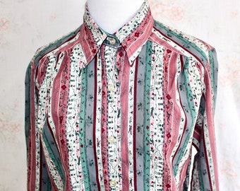 Vintage 70s Folk Blouse, 1970s Boho Top, Floral Blouse, Button Down Shirt, Collared Blouse, Striped Blouse, Flower Print