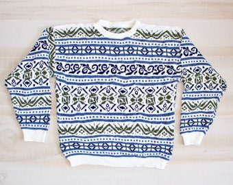 Vintage 80s Ski Sweater, 1980s Nordic Sweater, Fair Isle, Geometric, Knit, Crewneck