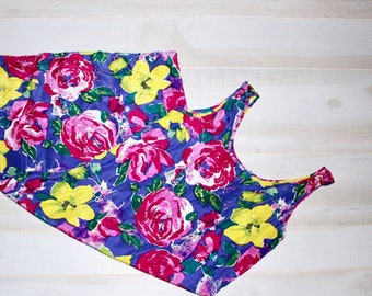 Vintage 90s Floral Silk Dress, 1990s Tank Dress, Flower Print, Bright & Colorful, Sleeveless, Loungewear, Weekend