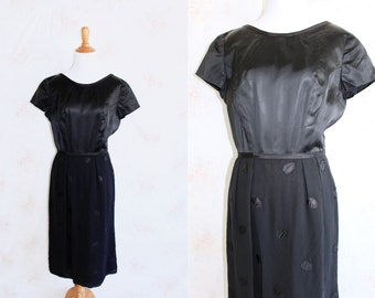 Vintage 50s Black Party Dress, 1950s Satin Dress, Floral Applique, Cocktail, Formal, Short Sleeve, Study Piece