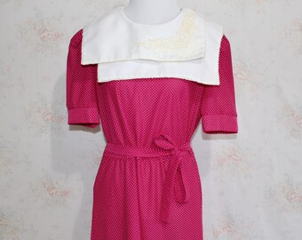 Vintage 70s Babydoll Dress, 1970s Secretary Dress, Polka Dot Dress, Pink Dress, Lolita Dress, Sailor Dress, Oversized Collar Dress