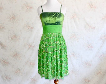 Vintage 90s Party Dress, 1990s Silk Dress, Mini Dress, Sequin Dress, Glitter Dress, Chiffon Dress, Spaghetti Strap, Green