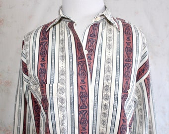 Vintage 80s Novelty Print Shirt, 1980s Button Down Shirt, Collared, Striped, Ethnic, Tribal, Blouse, Long Sleeve