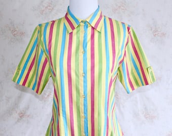 Vintage 90s Rainbow Striped Shirt, 1990s Candy Stripe Shirt, Button Down, Collar, Bright & Colorful, Pastel