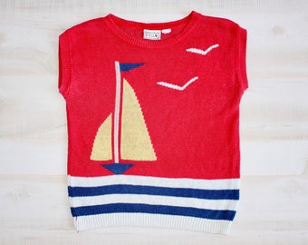 Vintage 80s Novelty Sweater, Nautical Sweater, Boat, Striped, Short Sleeve, Top, Knit, Red, 1980s