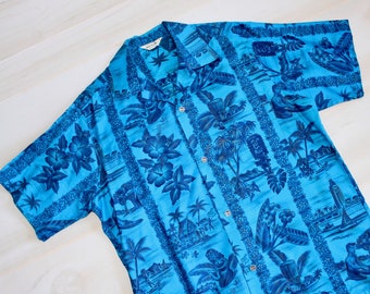 Vintage 60s Hawaiian Shirt, 1960s Made In Hawaii Shirt, Tiki, Flower, & Palm Tree Print, Surf, Beach, Vacation, Novelty Print