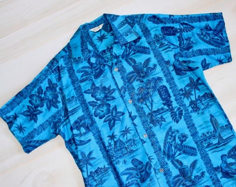 Vintage 60s Hawaiian Cotton Shirt, Tiki Palm Flower Print