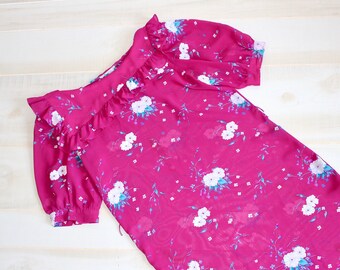 Vintage 80s Ruffle Dress, 1980s Floral Dress, Secretary Dress, Puff Sleeves, Sheer, Pink