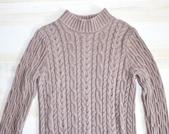 Vintage 90s Chunky Cable Knit Sweater, 1990s Fisherman Sweater, Pullover, Mock Neck, Brown