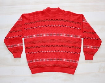 Vintage 1980s Ski Sweater, Fair Isle, Nordic, Christmas, Red, Geometric, Knit, Oversized