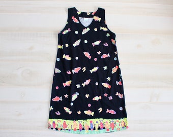 Vintage 90s Tank Dress, 1990s Fish Novelty Print Dress, Black Dress, Beach Dress, Vacation Dress, Hipster, Cover Up