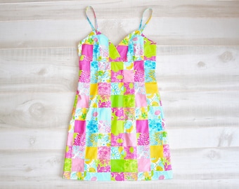 Vintage 90s Lilly Pulitzer Patchwork Mini Dress, Spaghetti Strap Sundress