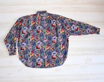 Vintage 80s Floral Blouse, 1980s Cottagecore Top, Rose Print, Collared, Button Down, Dolman Sleeve, Boho