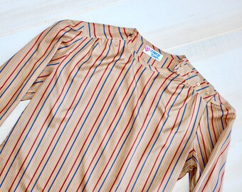 Vintage 70s Striped Secretary Blouse, 1970s Satin Blouse, Puff Sleeves, Stripe, Brown, Buttons