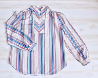 Vintage 70s Rainbow Stripe Blouse, 1970s Secretary Blouse, Puffed Sleeves, Bright & Colorful, Pastel, Striped, Retro