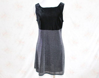 Vintage 90s Silver Metallic Dress, 1990s Party Dress, Velvet Mini Dress, Sparkly, Black, Glitter