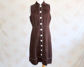 Vintage 90s Linen Shirtdress, 1990s Button Front Dress, Sundress, Sleeveless, Brown, Minimalist