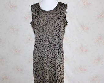 Vintage 90s Leopard Dress, 1990s Animal Print Dress, Stretch Dress, Midi, Sleeveless, Goth, Y2K, Black, Tank, Sleeveless