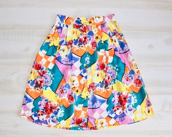 Vintage 80s Floral Skirt, 1980s Colorful Skirt, Bright Flower Print, High Waisted, A Line, Button
