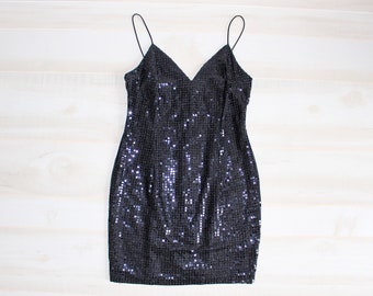 Vintage 90s Sequin Dress, 1990s Little Black Dress, Party Dress, Spaghetti Strap, Mini, Slip