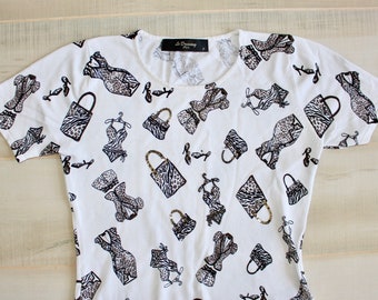 Vintage Novelty Print Top, Short Sleeve Sweater, White Silk, Girly Paris, Shoe, Purse, Dress Print