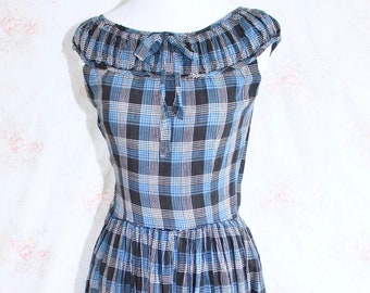 Vintage 40s Plaid Dress, 1940s Sundress, Sleeveless, Bow, Summer, Blue, Day Dress, A Line