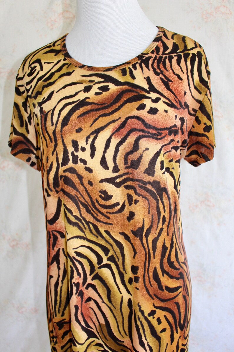 Vintage 90s Animal Print Dress, 1990s Stretch Maxi Dress With High Slit, Tiger, Y2K image 3