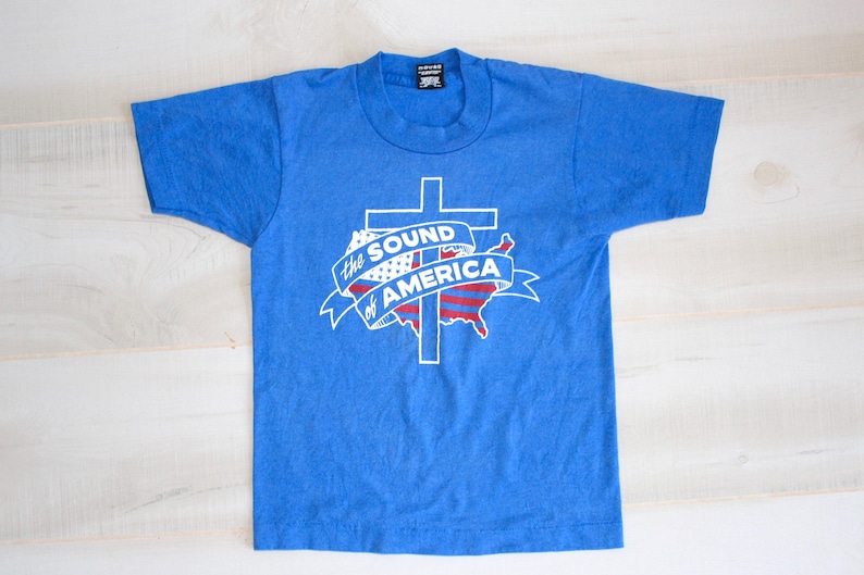 Vintage 80s Christian T Shirt, 1980s The Sound Of America Tee, Cross, USA, American Flag, Religious, Graphic, Single Stitch, Kids, X-Small afbeelding 2