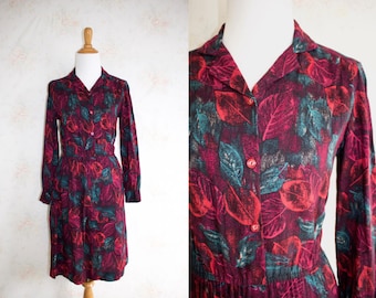 Vintage 60s Shirtdress, 1960s Day Dress, Leaf Print, Floral, Novelty Print
