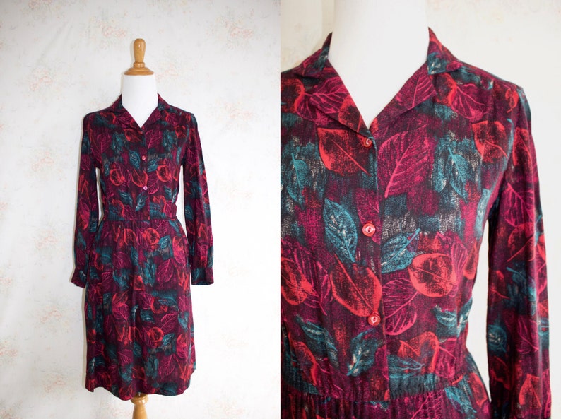 Vintage 60s Shirtdress, 1960s Day Dress, Leaf Print, Floral, Novelty Print image 1