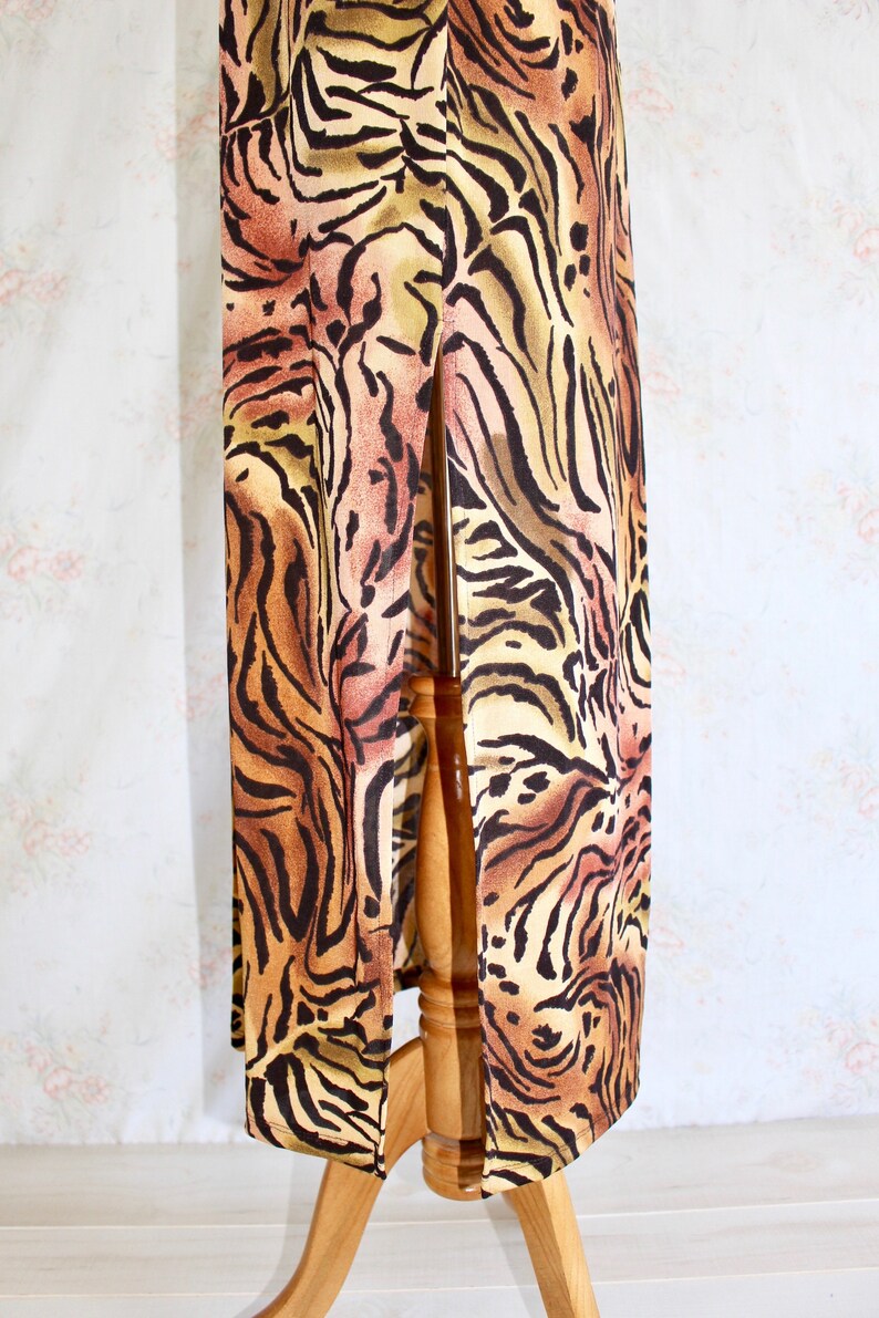 Vintage 90s Animal Print Dress, 1990s Stretch Maxi Dress With High Slit, Tiger, Y2K image 5