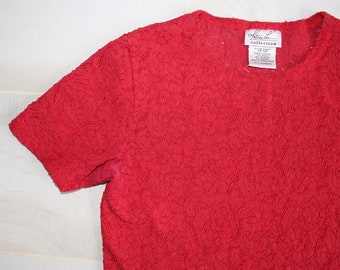 Vintage 90s Lace Top, 1990s Red Stretch Lace, Short Sleeve, Cropped, Sheer, Shirt, Blouse, Sexy, Y2K