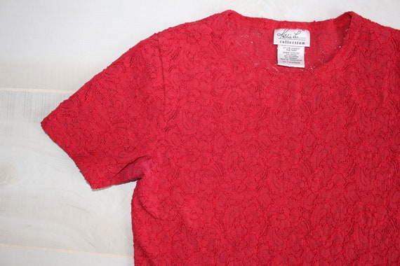 Vintage 90s Lace Top, 1990s Red Stretch Lace, Sho… - image 1