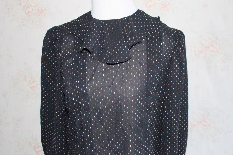 Vintage 80s Secretary Blouse, 1980s Ruffle Blouse, Ascot, Puff Sleeves, Semi-Sheer, Black, Geometric Print, Top image 1