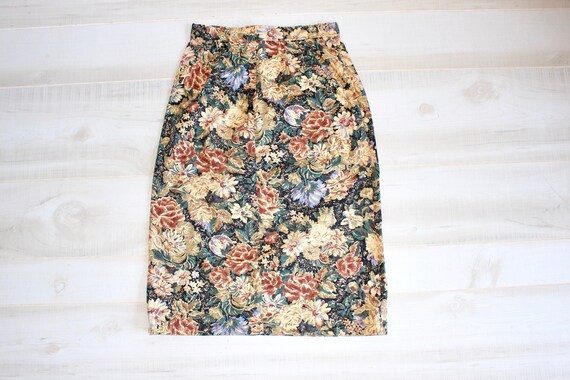 Vintage 80s Floral Jean Skirt, 1980s High Waisted… - image 1