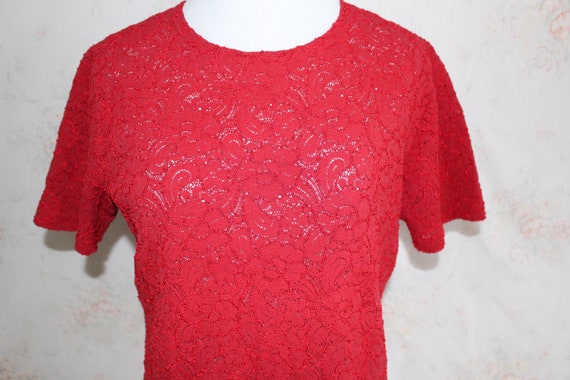 Vintage 90s Lace Top, 1990s Red Stretch Lace, Sho… - image 5