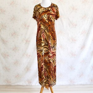 Vintage 90s Animal Print Dress, 1990s Stretch Maxi Dress With High Slit, Tiger, Y2K image 2