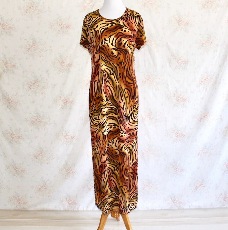Vintage 90s Animal Print Dress, 1990s Stretch Maxi Dress With High Slit, Tiger, Y2K image 2