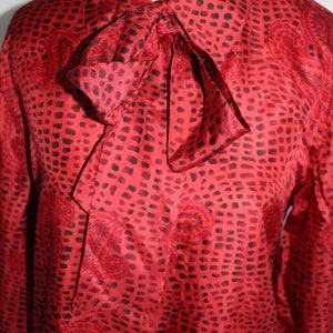 Vintage Silk Blouse, Pussy Bow, Ascot, Paisley Print, Geometric, Red, Long Sleeve, Satin, Secretary, Puff Sleeves image 3