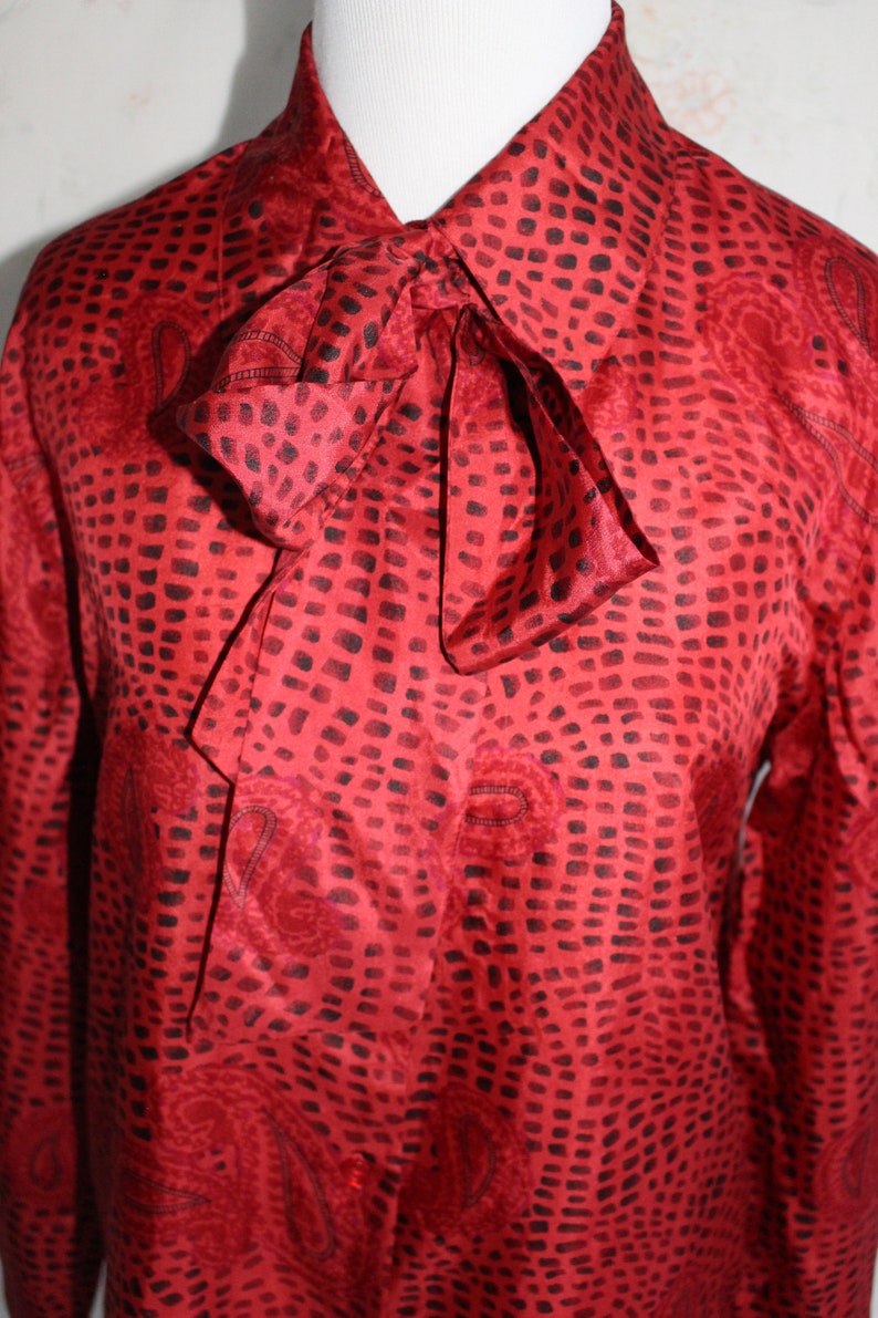 Vintage Silk Blouse, Pussy Bow, Ascot, Paisley Print, Geometric, Red, Long Sleeve, Satin, Secretary, Puff Sleeves image 3