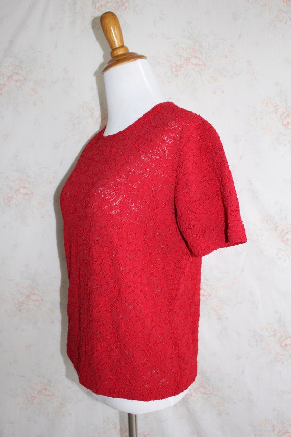 Vintage 90s Lace Top, 1990s Red Stretch Lace, Sho… - image 3