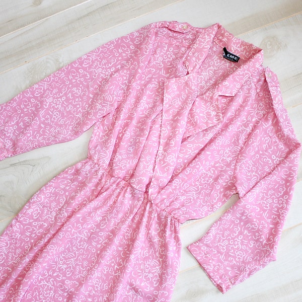 Vintage 80s Pink Shirtdress, 1980s Secretary Dress, Abstract, Notch Collar, Floral, Day Dress