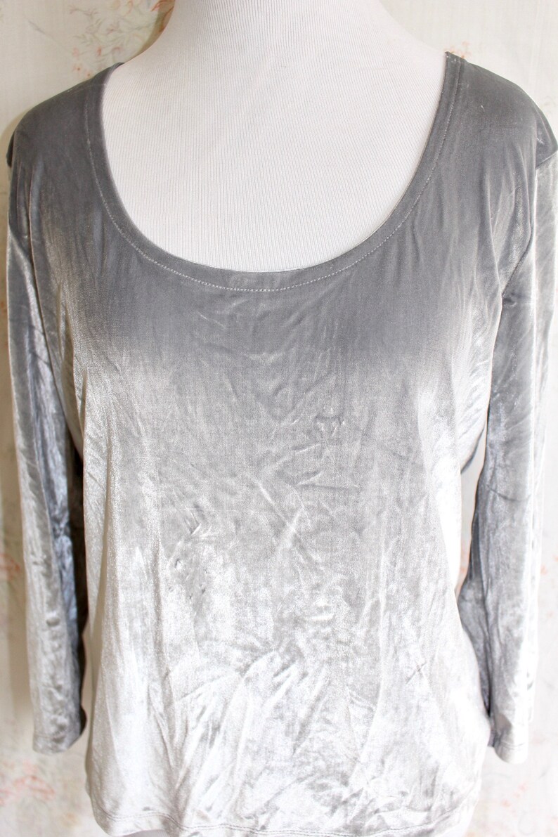 Hipster Rave Party Vintage 90s Silver Velvet Shirt Metallic Top 1990s Scoop Neck Velvet Blouse Club