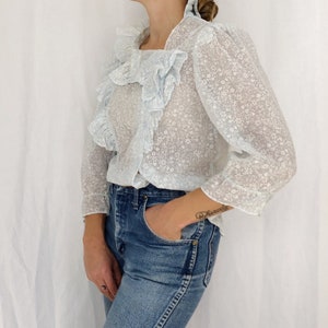 Vintage 80s Ruffle Collar Blouse, High Neck, Sheer, Edwardian / Victorian, Romantic, Boho, Floral image 3