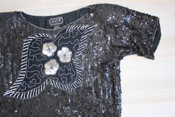 Vintage 80s Sequin Top, 1980s Beaded Blouse, Blac… - image 2