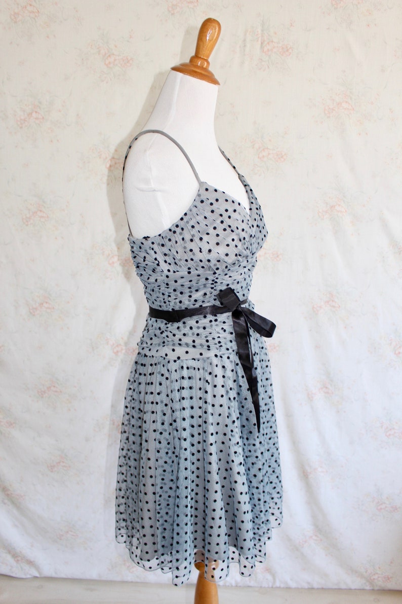 Vintage Y2K Prom Dress, Tulle Party Dress, Polka Dot, Sheer, Spaghetti Strap, Blue, A Line, 1950s, 50s image 8