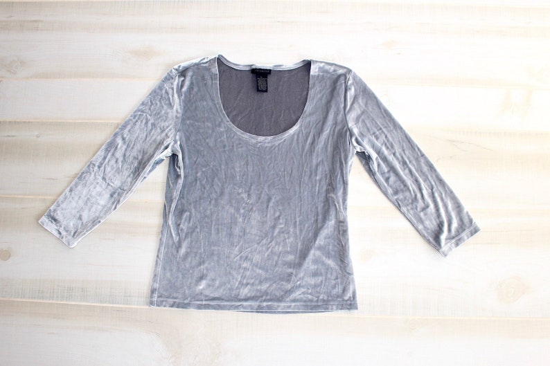 Hipster Rave Party Vintage 90s Silver Velvet Shirt Metallic Top 1990s Scoop Neck Velvet Blouse Club